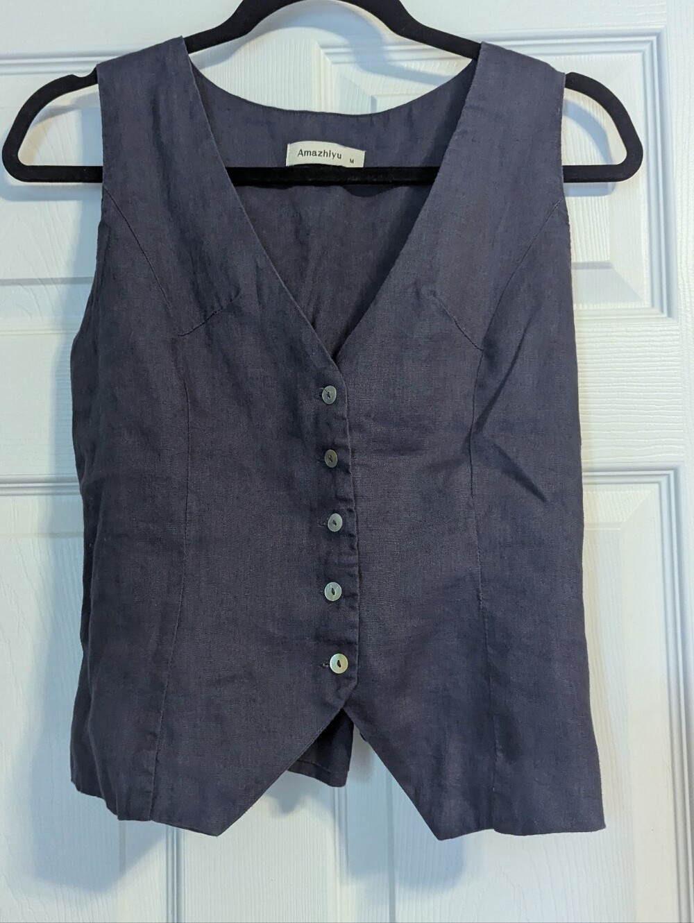 Navy Sleeveless Button-Front Linen Vest
